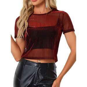 Mesh Crop Top Short Sleeve Metallic See Through Shirts Red